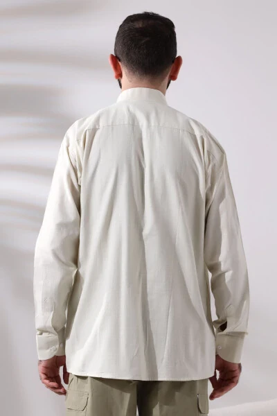 Creamy Men's Loose Cut Single Pocket Imam Collar Hajj and Umrah Linen Shirt - 4