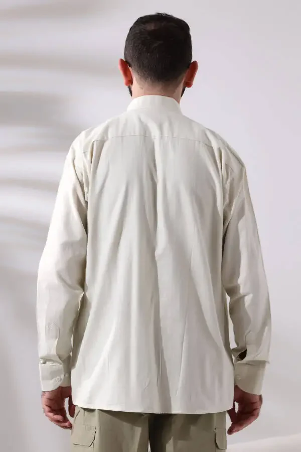 Creamy Men's Loose Cut Single Pocket Imam Collar Hajj and Umrah Linen Shirt - 4