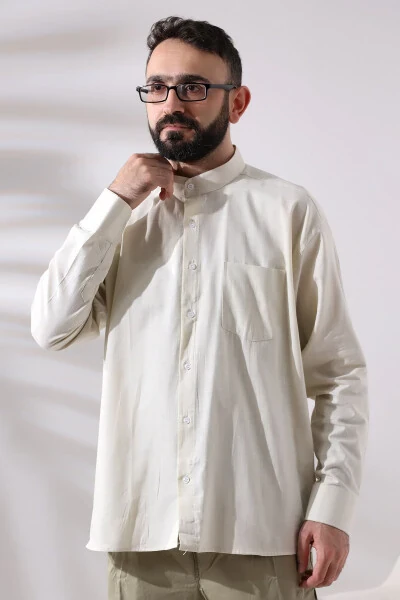 Creamy Men's Loose Cut Single Pocket Imam Collar Hajj and Umrah Linen Shirt - 6