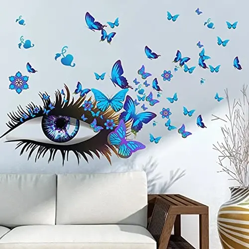 Creative Beautiful Girl Eyes Wall Sticker, Flying Butterfly Wall Decals, Girl Long Eyelashes Heart Décor, DIY Art Vinyl Mural for Couple Lovers Girls Bedroom Living Room Decoration(Blue) - 2