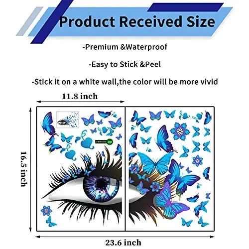 Creative Beautiful Girl Eyes Wall Sticker, Flying Butterfly Wall Decals, Girl Long Eyelashes Heart Décor, DIY Art Vinyl Mural for Couple Lovers Girls Bedroom Living Room Decoration(Blue) - 3