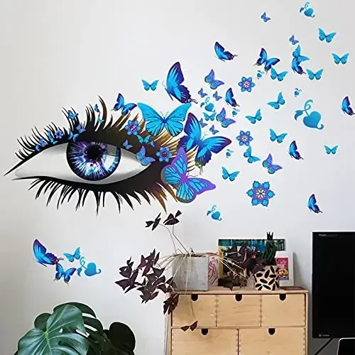 Creative Beautiful Girl Eyes Wall Sticker, Flying Butterfly Wall Decals, Girl Long Eyelashes Heart Décor, DIY Art Vinyl Mural for Couple Lovers Girls Bedroom Living Room Decoration(Blue) - 6