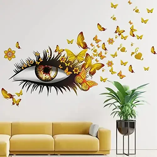 Creative Beautiful Girl Eyes Wall Sticker, Flying Butterfly Wall Decals, Girl Long Eyelashes Heart Décor, DIY Art Vinyl Mural for Couple Lovers Girls Bedroom Living Room Decoration(Yellow) - 2