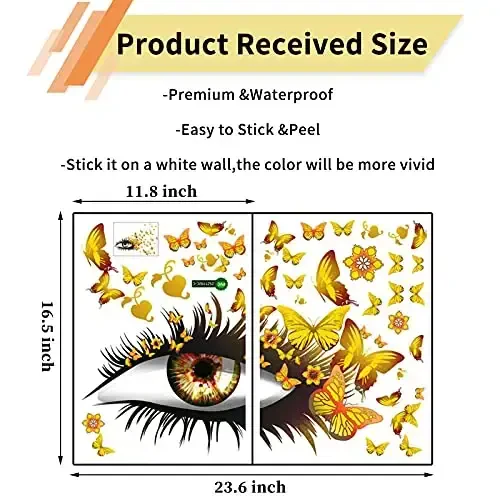Creative Beautiful Girl Eyes Wall Sticker, Flying Butterfly Wall Decals, Girl Long Eyelashes Heart Décor, DIY Art Vinyl Mural for Couple Lovers Girls Bedroom Living Room Decoration(Yellow) - 3