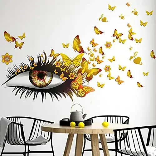 Creative Beautiful Girl Eyes Wall Sticker, Flying Butterfly Wall Decals, Girl Long Eyelashes Heart Décor, DIY Art Vinyl Mural for Couple Lovers Girls Bedroom Living Room Decoration(Yellow) - 4