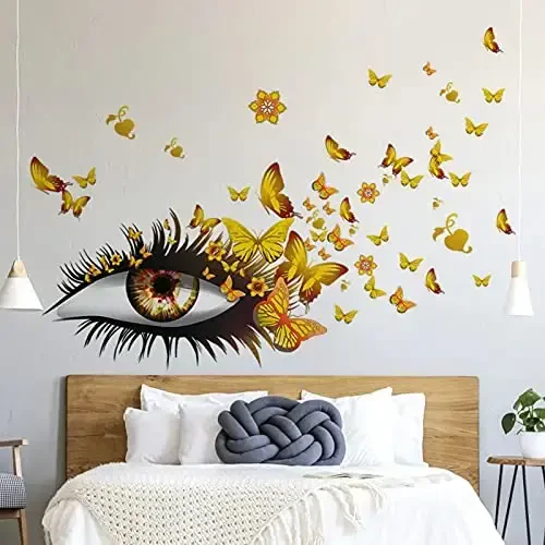 Creative Beautiful Girl Eyes Wall Sticker, Flying Butterfly Wall Decals, Girl Long Eyelashes Heart Décor, DIY Art Vinyl Mural for Couple Lovers Girls Bedroom Living Room Decoration(Yellow) - 5