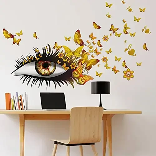 Creative Beautiful Girl Eyes Wall Sticker, Flying Butterfly Wall Decals, Girl Long Eyelashes Heart Décor, DIY Art Vinyl Mural for Couple Lovers Girls Bedroom Living Room Decoration(Yellow) - 6