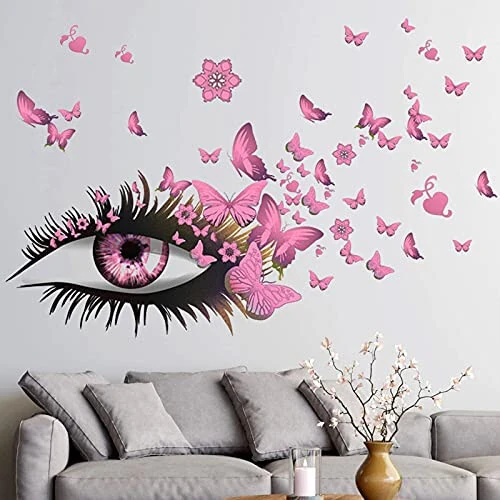 Creative Beautiful Girl Eyes Wall Sticker, Pink Flying Butterfly Wall Decals, Girl Long Eyelashes Heart Décor, DIY Art Vinyl Mural for Couple Lovers Girls Bedroom Living Room Decoration - X-xdaonl