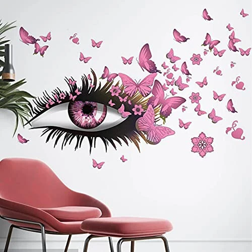 Creative Beautiful Girl Eyes Wall Sticker, Pink Flying Butterfly Wall Decals, Girl Long Eyelashes Heart Décor, DIY Art Vinyl Mural for Couple Lovers Girls Bedroom Living Room Decoration - X-xdaonl (1)