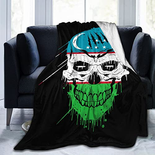 Creative Uzbekistan Patriot Skull National Flag Throw Blanket 40