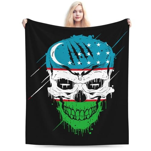 Creative Uzbekistan Patriot Skull National Flag Throw Blanket 40