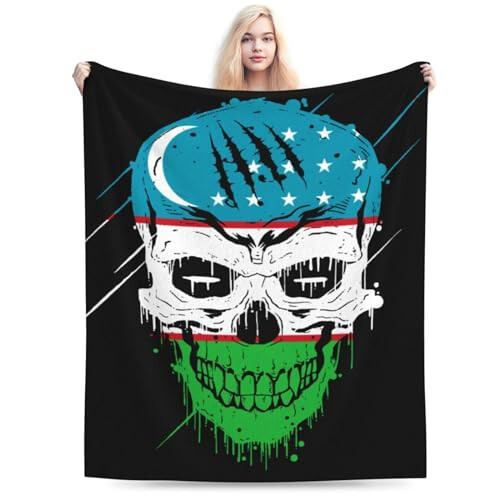 Creative Uzbekistan Patriot Skull National Flag Throw Blanket for Couch 40