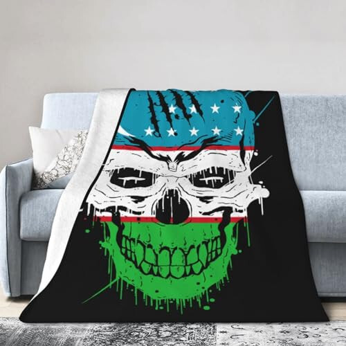 Creative Uzbekistan Patriot Skull National Flag Throw Blanket for Couch 40