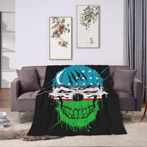 Creative Uzbekistan Patriot Skull National Flag Throw Blanket for Couch 40