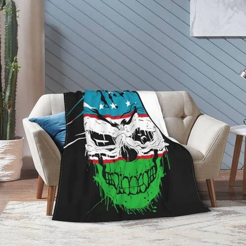 Creative Uzbekistan Patriot Skull National Flag Throw Blanket for Couch 40