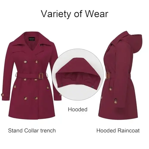CREATMO ABD Kadın Büyük Beden Trençkot Kruvaze Klasik Yaka Palto Kemerli Dış Giyim Ceket Çıkarılabilir Kapüşonlu - 3