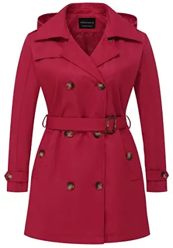 CREATMO US Women's Plus Size Trench Coat Double-Breasted Classic Lapel Overcoat Belted Outerwear Coat with Detachable Hood 