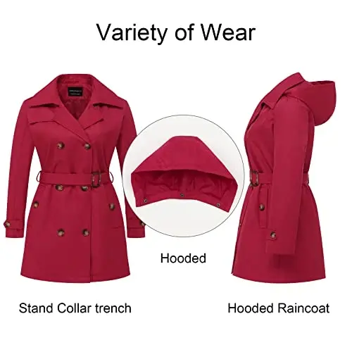CREATMO US Women's Plus Size Trench Coat Double-Breasted Classic Lapel Overcoat Belted Outerwear Coat with Detachable Hood - 3