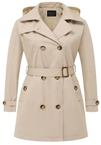 CREATMO US Women's Plus Size Trench Coat Double-Breasted Classic Lapel Overcoat Belted Outerwear Coat with Detachable Hood - 1