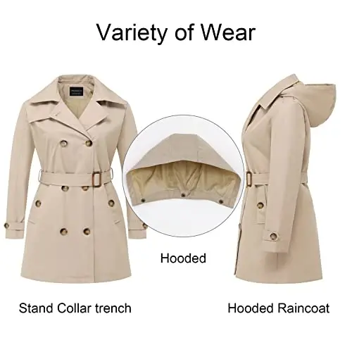 CREATMO US Women's Plus Size Trench Coat Double-Breasted Classic Lapel Overcoat Belted Outerwear Coat with Detachable Hood - 3