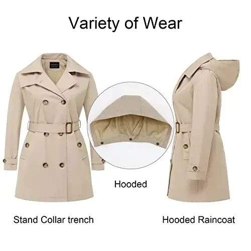 CREATMO US Ayollar uchun katta o'lchamdagi trench palto, ikki qatorli klassik yoqali palto, kamarli ustki kiyim, olinadigan kapyushonli palto - 3