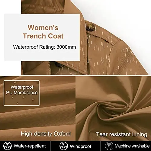 CREATMO US Ayollar uchun katta o'lchamdagi trench palto, ikki tomonlama klassik yakali ustki palto, kamarli tashqi kiyim, echib olinadigan kapüşonli palto - 4