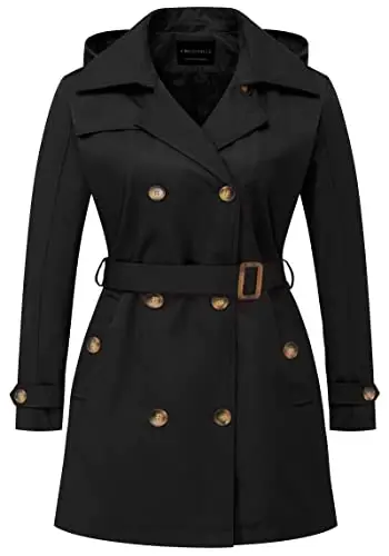 CREATMO US Women's Plus Size Trench Coat Double-Breasted Classic Lapel Overcoat Belted Outerwear Coat with Detachable Hood 