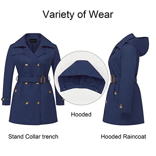 CREATMO US Women's Plus Size Trench Coat Double-Breasted Classic Lapel Overcoat Belted Outerwear Coat with Detachable Hood - 3