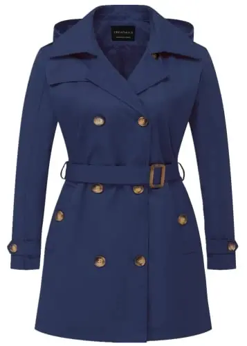 CREATMO US Women's Plus Size Trench Coat Double-Breasted Classic Lapel Overcoat Belted Outerwear Coat with Detachable Hood 