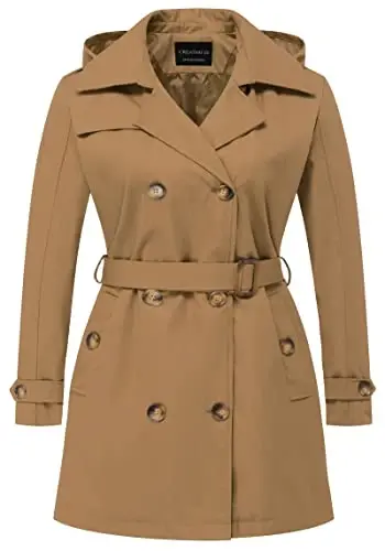 CREATMO US Women's Plus Size Trench Coat Double-Breasted Classic Lapel Overcoat Belted Outerwear Coat with Detachable Hood 
