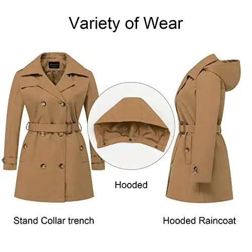 CREATMO US Women's Plus Size Trench Coat Double-Breasted Classic Lapel Overcoat Belted Outerwear Coat with Detachable Hood - 3