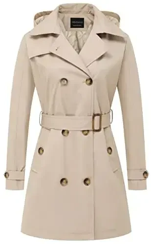 CREATMO US Women's Trench Coat Double-Breasted Classic Lapel Overcoat Belted Slim Outerwear Coat with Detachable Hood - CREATMO