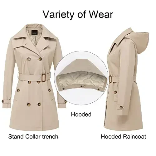 CREATMO US Women's Trench Coat Double-Breasted Classic Lapel Overcoat Belted Slim Outerwear Coat with Detachable Hood - 3