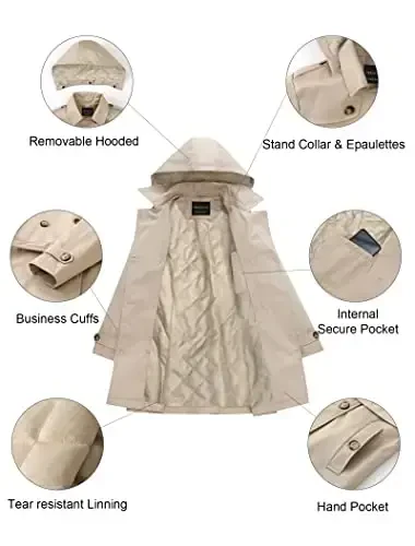 CREATMO US Women's Trench Coat Double-Breasted Classic Lapel Overcoat Belted Slim Outerwear Coat with Detachable Hood - 5
