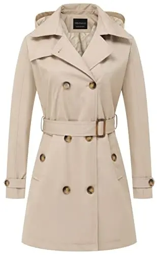 CREATMO US Women's Trench Coat Double-Breasted Classic Lapel Overcoat Belted Slim Outerwear Coat with Detachable Hood 
