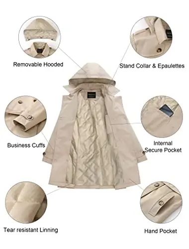 CREATMO US Women's Trench Coat Double-Breasted Classic Lapel Overcoat Belted Slim Outerwear Coat with Detachable Hood - 5