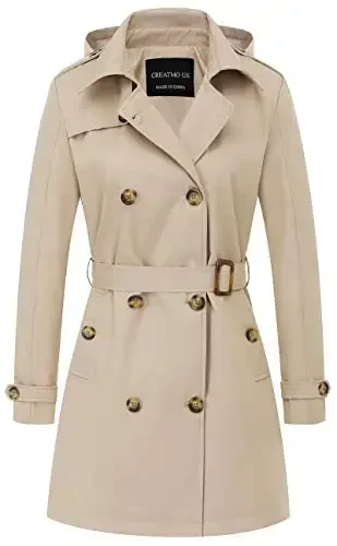 CREATMO US Women's Trench Coat Double-Breasted Classic Lapel Overcoat Belted Slim Outerwear Coat with Detachable Hood - MODAZONE