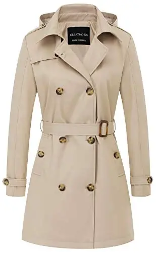 CREATMO US Women's Trench Coat Double-Breasted Classic Lapel Overcoat Belted Slim Outerwear Coat with Detachable Hood - 1