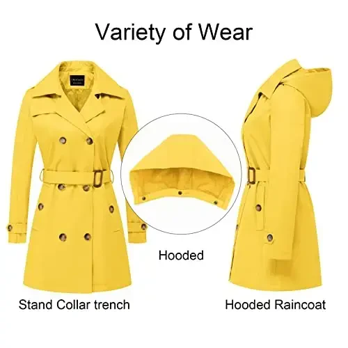 CREATMO US Women's Trench Coat Double-Breasted Classic Lapel Overcoat Belted Slim Outerwear Coat with Detachable Hood - 3