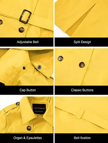CREATMO US Women's Trench Coat Double-Breasted Classic Lapel Overcoat Belted Slim Outerwear Coat with Detachable Hood - 6