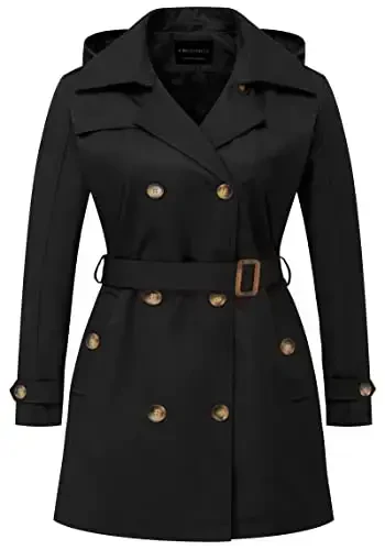 CREATMO US Women's Plus Size Trench Coat Double-Breasted Classic Lapel Overcoat Belted Outerwear Coat with Detachable Hood - 1