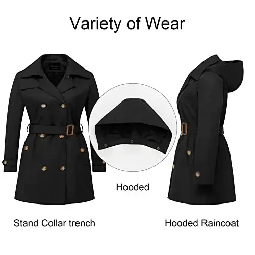 CREATMO US Women's Plus Size Trench Coat Double-Breasted Classic Lapel Overcoat Belted Outerwear Coat with Detachable Hood - 3
