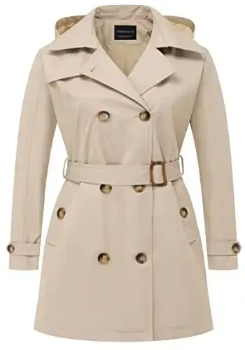CREATMO US Women's Plus Size Trench Coat Double-Breasted Classic Lapel Overcoat Belted Outerwear Coat with Detachable Hood - 1