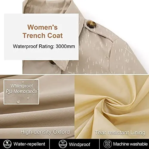 CREATMO US Women's Plus Size Trench Coat Double-Breasted Classic Lapel Overcoat Belted Outerwear Coat with Detachable Hood - 4