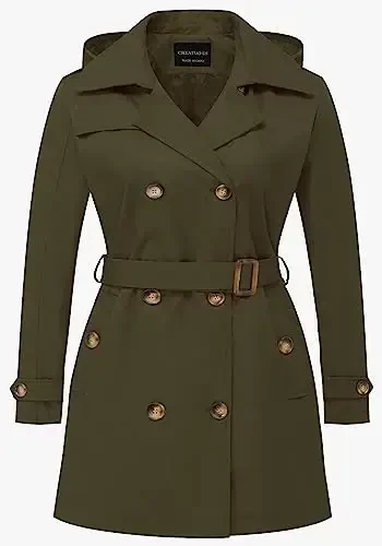 CREATMO US Women's Plus Size Trench Coat Double-Breasted Classic Lapel Overcoat Belted Outerwear Coat with Detachable Hood 