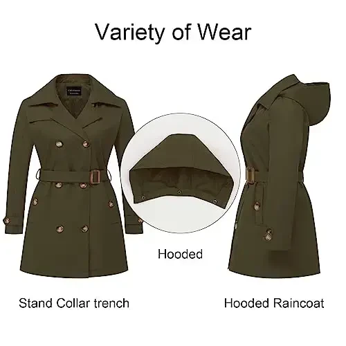 CREATMO US Women's Plus Size Trench Coat Double-Breasted Classic Lapel Overcoat Belted Outerwear Coat with Detachable Hood - 3