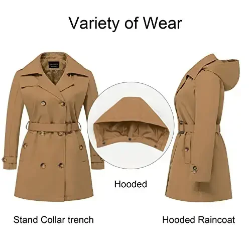 CREATMO US Women's Plus Size Trench Coat Double-Breasted Classic Lapel Overcoat Belted Outerwear Coat with Detachable Hood - 3