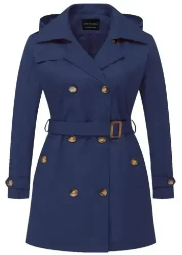 CREATMO US Women's Plus Size Trench Coat Double-Breasted Classic Lapel Overcoat Belted Outerwear Coat with Detachable Hood - 1