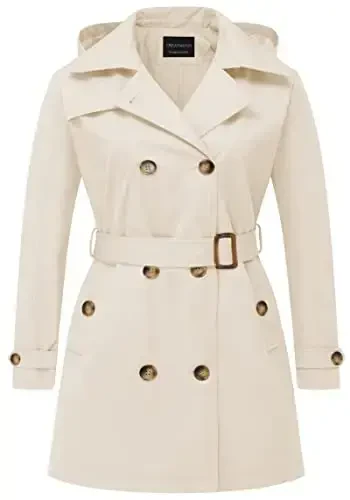 CREATMO US Women's Plus Size Trench Coat Double-Breasted Classic Lapel Overcoat Belted Outerwear Coat with Detachable Hood - CREATMO