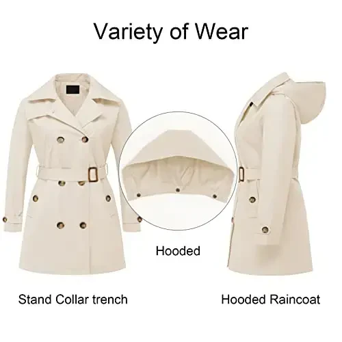 CREATMO US Women's Plus Size Trench Coat Double-Breasted Classic Lapel Overcoat Belted Outerwear Coat with Detachable Hood - 3